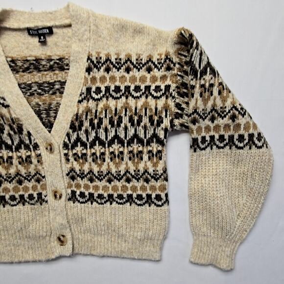 Steve Madden Fair Isle Cardigan Beige Black Pattern Knit Women Small Sweater - Picture 2 of 13
